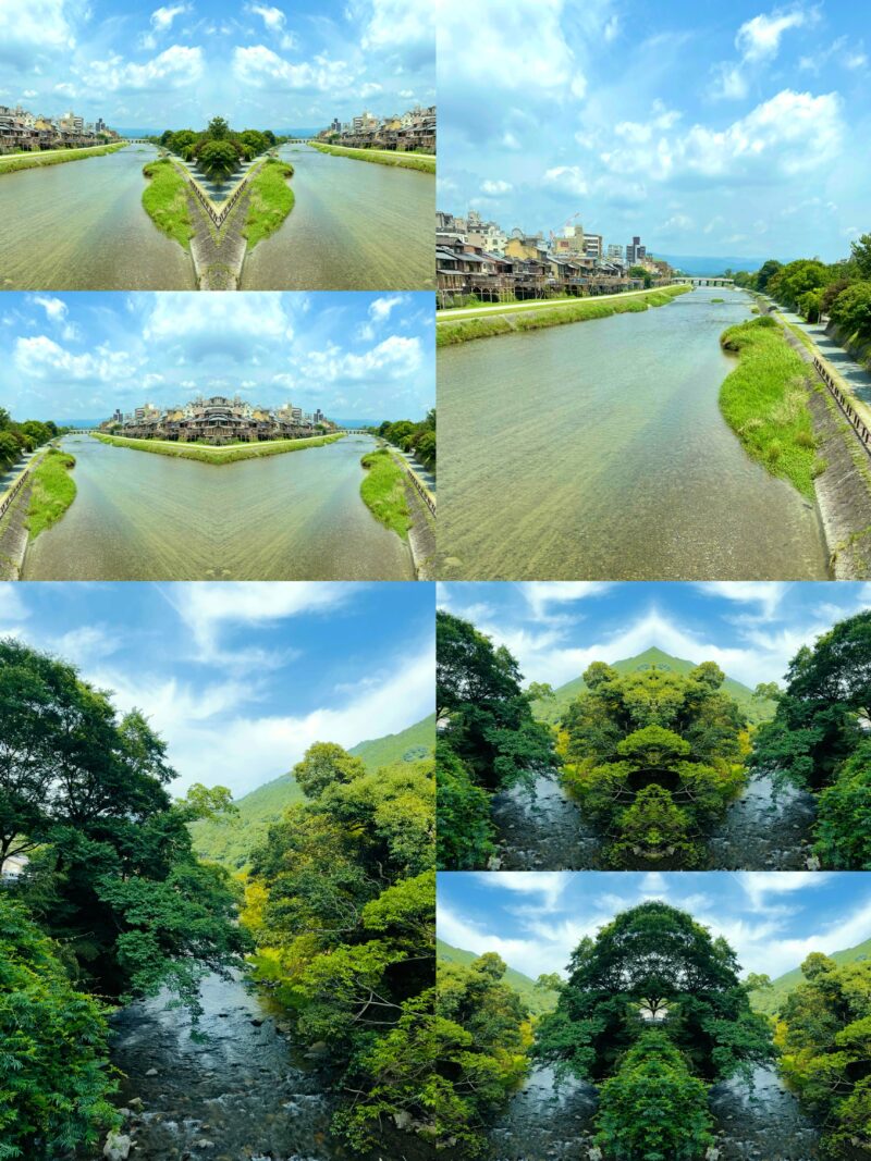 川沿いの町並みと山間を流れる川を対称構図で並べたアートフォト。都市と自然が重なり合い、流れと緑の静かな調和を感じさせる。