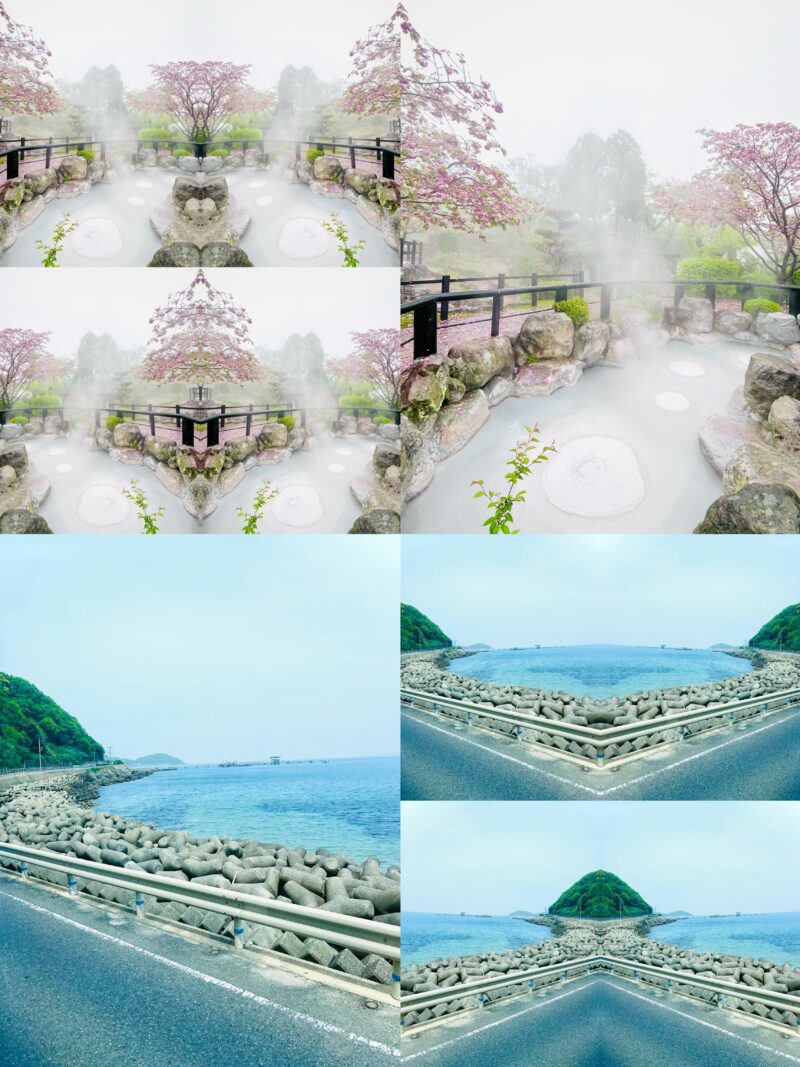 桜咲く温泉地の湯気と青い海岸道路を組み合わせたアート作品。自然と人の営みを反転構図で融合させ、日本の風景美を幻想的に表現している。