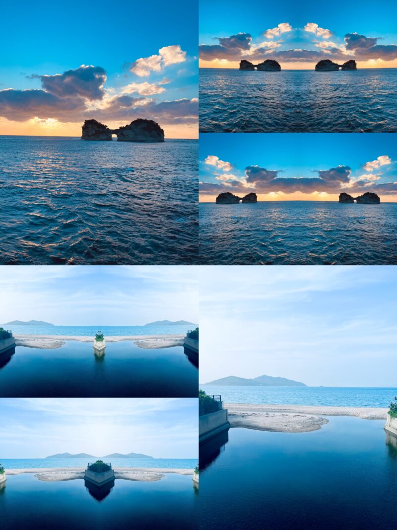 夕焼けの海と浮かぶ島を反転配置で構成したアートフォト。群青の空と水面が万華鏡のように交差し、幻想的で静かな風景を描き出している。