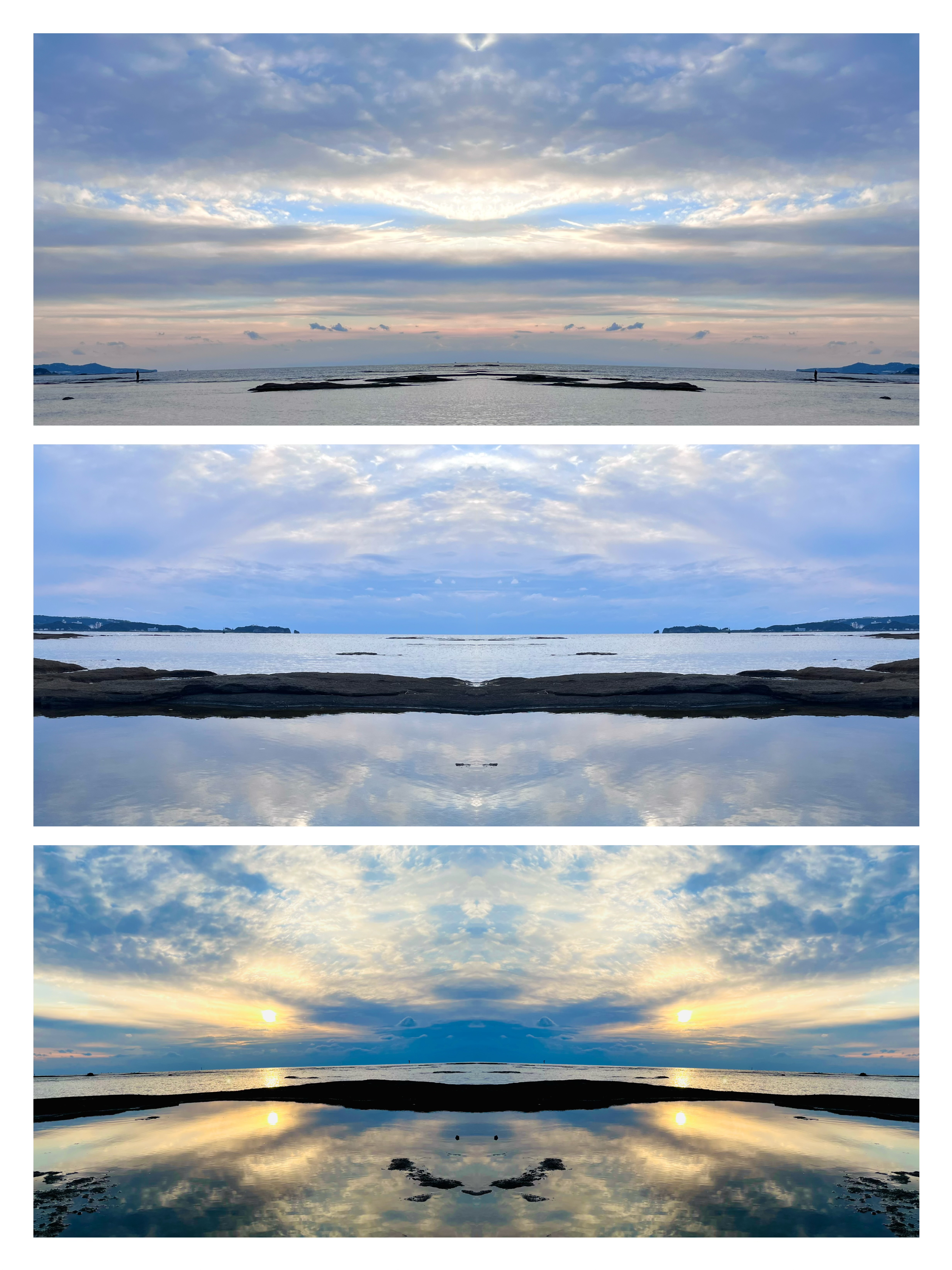 海岸の夕景を3枚の反転写真で構成し、日没後から日没前へと時間を逆再生するように上から下へ配置した作品。下段には2つの太陽が対称に映る