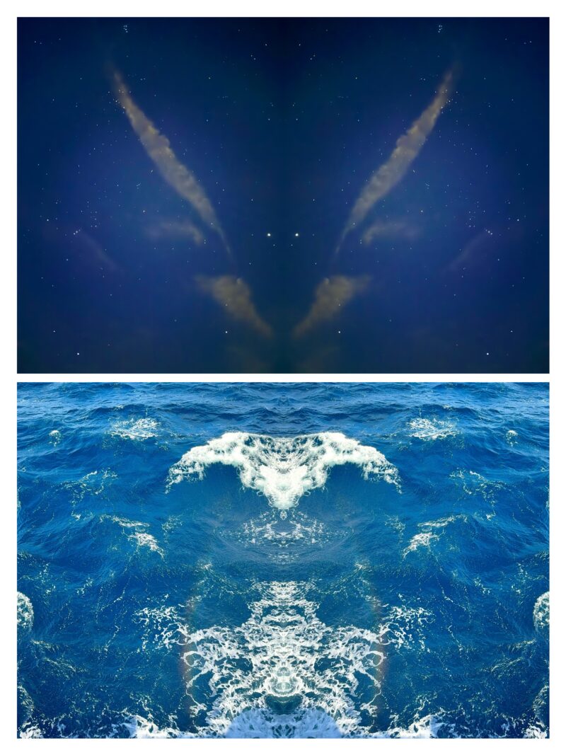夜空の薄雲を左右反転して鳥の翼のように浮かび上がらせた写真と、青い海面の白波を対称に映した写真を上下に配置した反転コラージュ作品