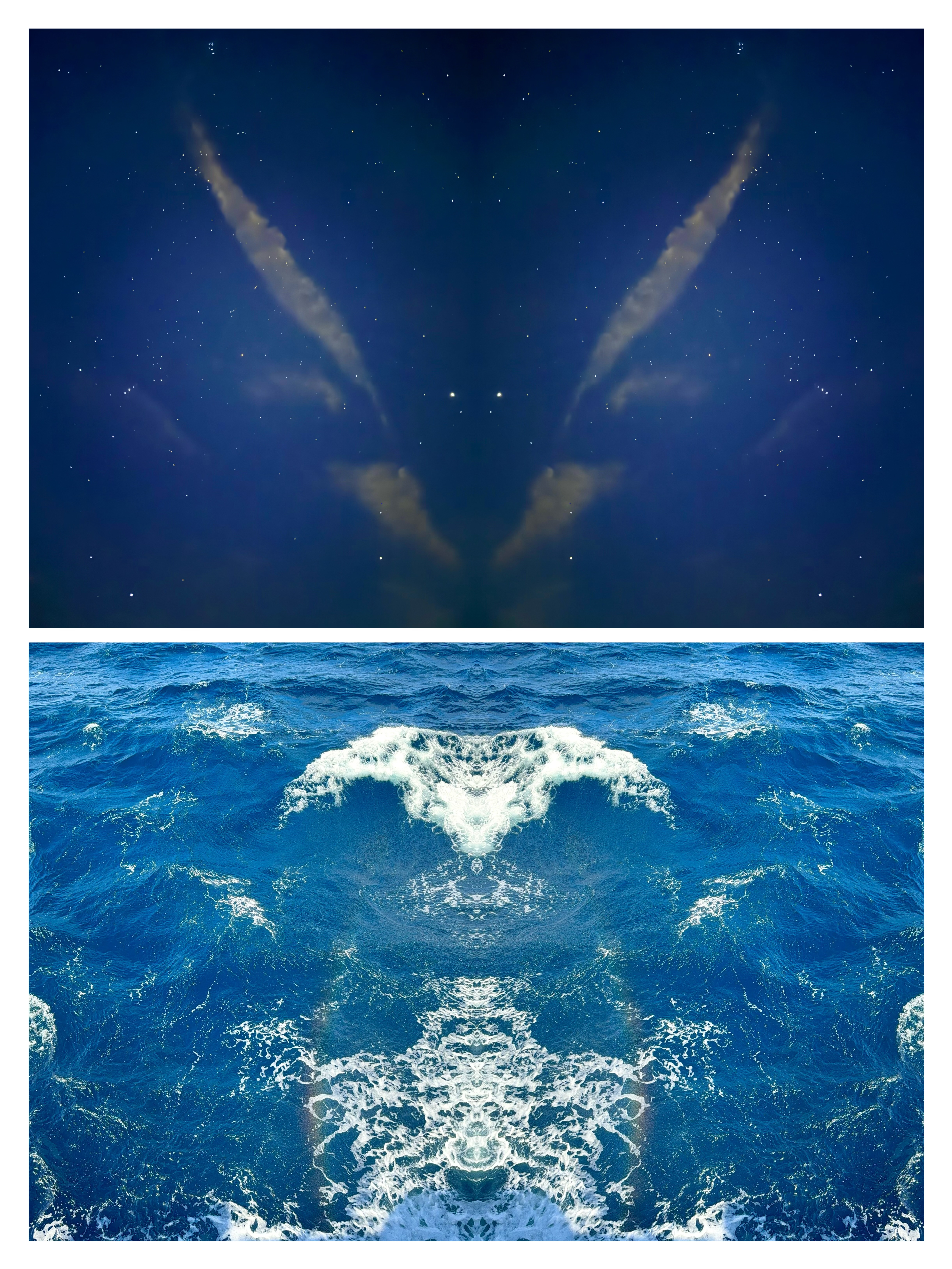 夜空の薄雲を左右反転して鳥の翼のように浮かび上がらせた写真と、青い海面の白波を対称に映した写真を上下に配置した反転コラージュ作品